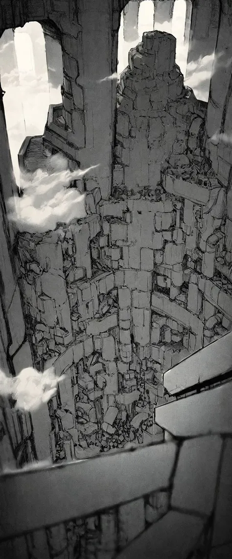 TNstyle, manga, monochrome, (megastructure), from above, concrete walls, pipes, frames, cables, deep, chaotic, dome, giant room, huge, heavy equipment, deep, fog, giant room, weird, colossal structure, labyrinthine dungeon, deep darkness, shadows, mecha, b...