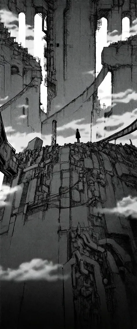 TNstyle, manga, monochrome, (megastructure), from below, concrete walls, pipes, frames, cables, deep, chaotic, dome, giant room, huge, heavy equipment, deep, fog, giant room, weird, colossal structure, labyrinthine dungeon, deep darkness, shadows, mecha, b...