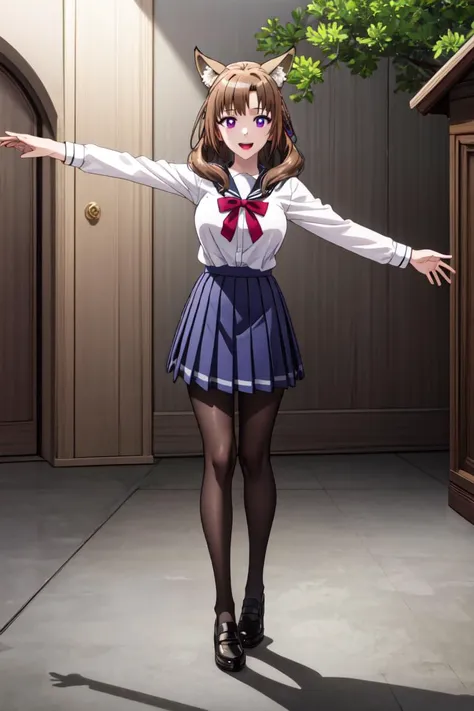 anime girl in a school uniform with her arms outstretched out