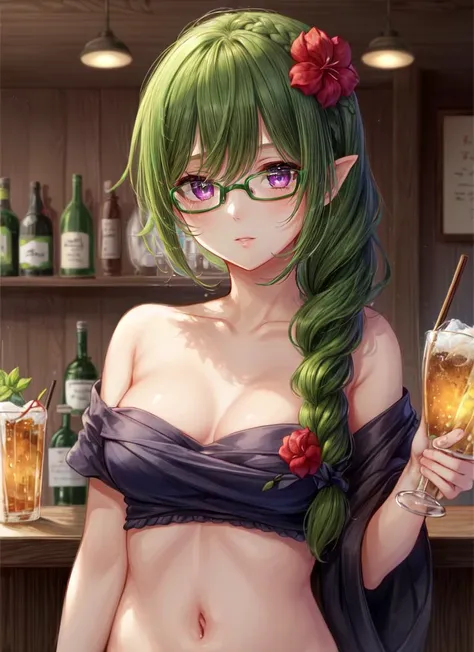 ((best quality)), ((highly detailed)), masterpiece, extremely detailed face, beautiful face, (detailed eyes, deep eyes), (1girl), (glasses), upper body, <lora:hairdetailer:.9>, <lora:DryadTerrariaV2:.8>, DryadT, green hair, very long hair, braid, purple ey...