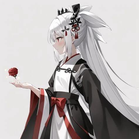 anime girl in a black and white dress holding a red rose