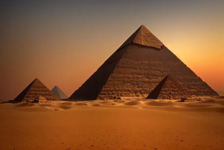 the pyramids of giza standing solitary in the desolate desert at twilight