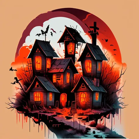 (dark red color palette theme), an isolated village with eerie scarecrows and deserted farmhouses <lora:tshirt_design:1>