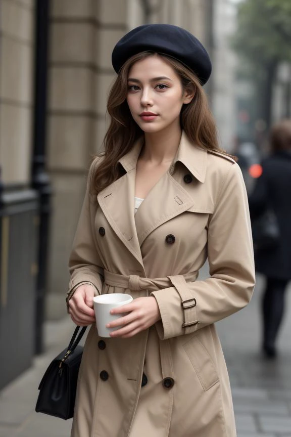 a woman in a trench coat and hat holding a cup of coffee