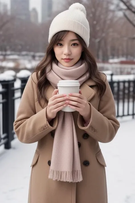 "Produce an image of a woman in a chic winter coat and scarf, strolling through a snow-covered Central Park. Her pose is relaxed, a warm coffee cup in hand. Her makeup is natural with a hint of blush, and her hair peeks out from under a stylish beanie."