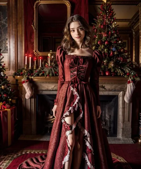 a woman in a red dress standing in front of a christmas tree