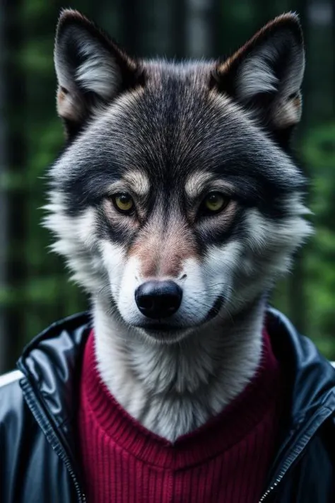 a close up of a wolf wearing a red sweater and a black jacket