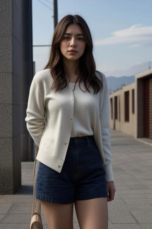 a woman standing on a sidewalk wearing a white sweater and blue shorts