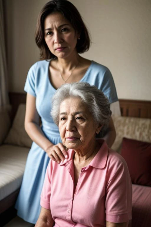 a woman standing next to a woman sitting on a bed