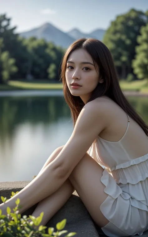 a woman sitting on a ledge next to a lake with a mountain in the background