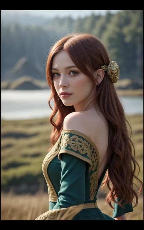 outdoor Scottish highlands, vivid sunset hues, fantasy setting. A striking redhead woman, (distinctly Scottish), wearing an elaborate elven inspired gown is a fusion of deep emerald green and earthy browns, with intricate Celtic knotwork embroidery in gold...