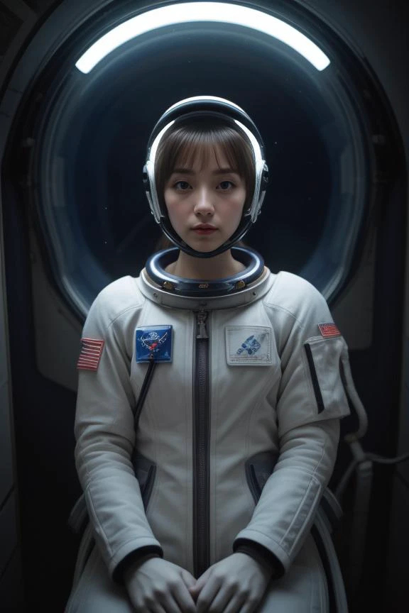 "Craft a detailed image of a woman in a bright astronaut suit in a space station. She floats in zero gravity, a look of concentration on her face. The makeup is minimal, and her hair is tightly secured under her helmet, with the vastness of space visible t...