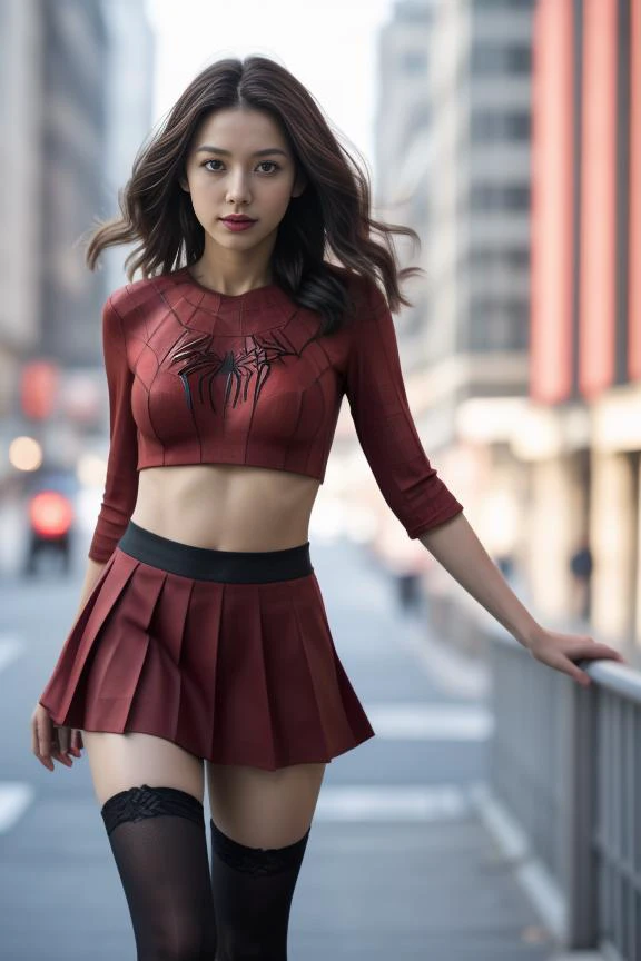 a woman in a red top and skirt posing on a bridge