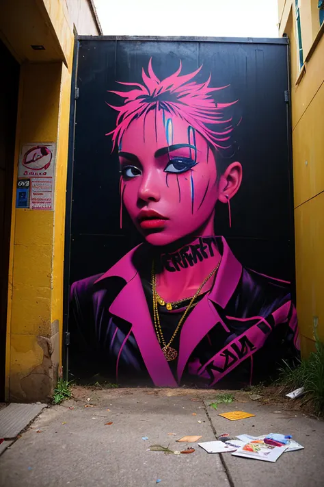 graffiti art of a woman with pink hair and piercings on a wall