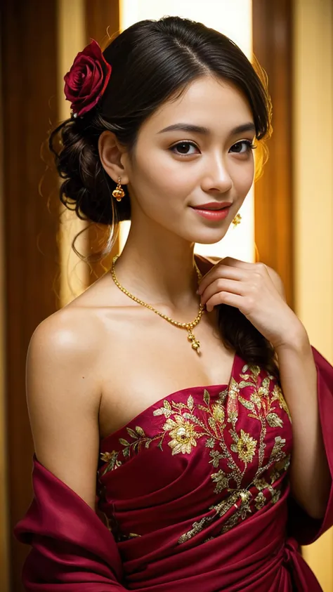 a close up of a woman in a red dress with a flower in her hair