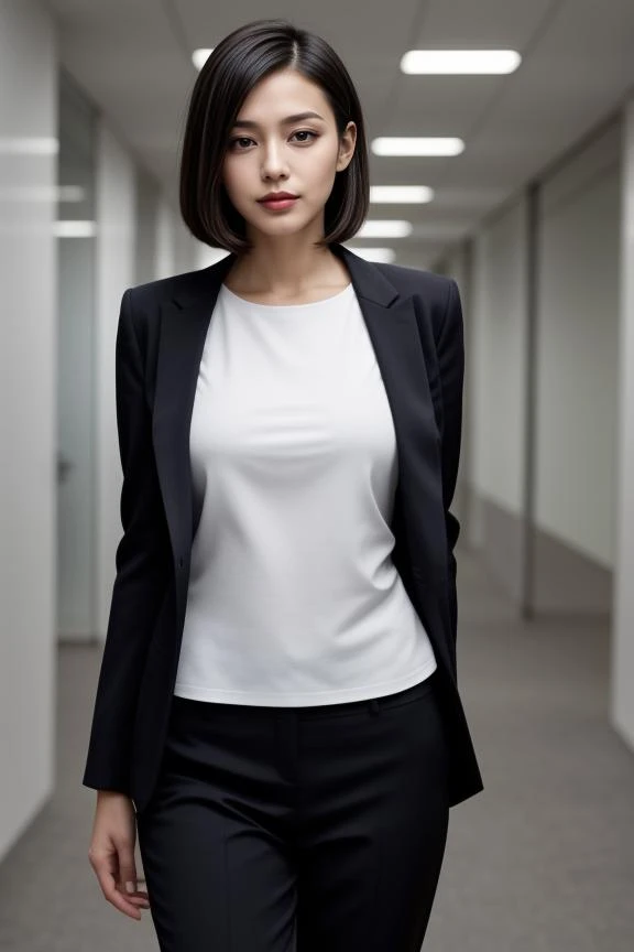 a woman in a black suit and white shirt standing in a hallway