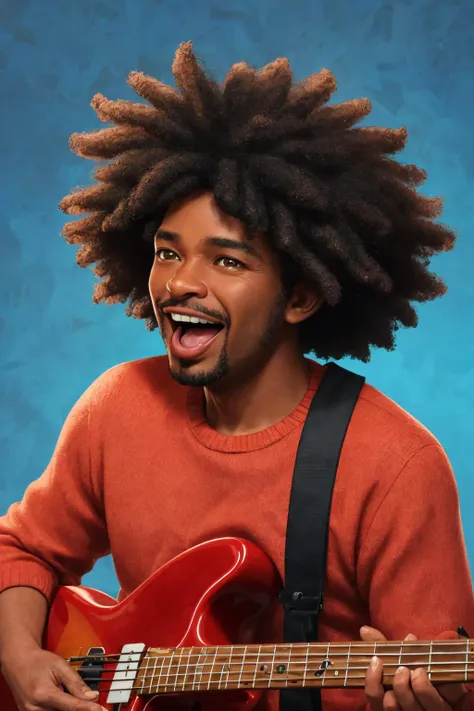 close-up photo portrait of a 45 yo african man, black afro hair, stubble, brown eyes, excited face expression, singing, red bass guitar, blue sweater, black bluesman, simple background