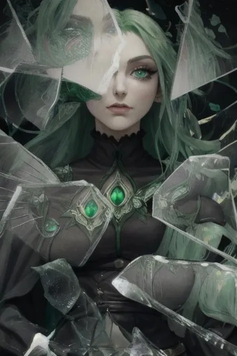 gothic elf, upper body, green hair, masterpiece, realism, photography, intricate details <lora:BrokenGlass:1> IncrsBrknGls, broken glass, reflection