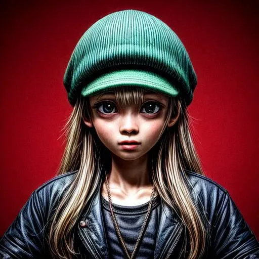 a close up of a young girl wearing a green hat