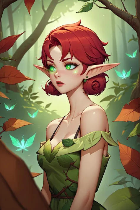 a woman with red hair and green eyes in a forest