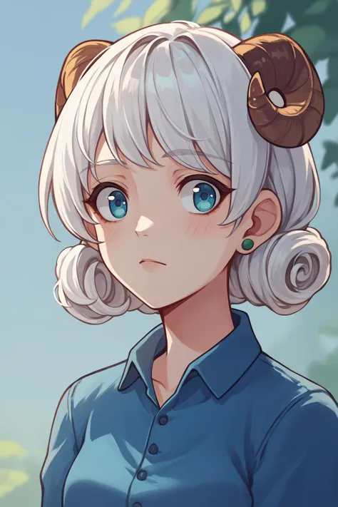 source_anime, score_9, score_8_up, 1girl <lora:NSPennyStardew:1> NSPennyStardew, blue eyes, short hair, white hair, earrings, curly hair, blue collared shirt, upper body shot, sheep horns, sheep girl