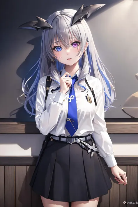 anime girl with long gray hair and blue tie posing for a picture