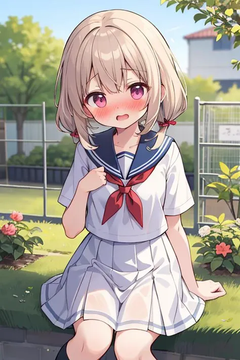 masterpiece,best quality,ultra detail, girl,petite,sailor uniform,school garden, <lora:yudedako_v200:0.6>open mouth,shy,blush