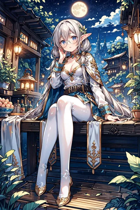 <lora:FernV2:0.9> , ((FrierenBase, long hair, twintails, earrings, white capelet, striped shirt, horizontal stripes, long sleeves, belt, white skirt, gold-trim, black pantyhose)),
<lora:Wood Elf settler v1.1:0.65>, ((market of an elven village)), forest wi...