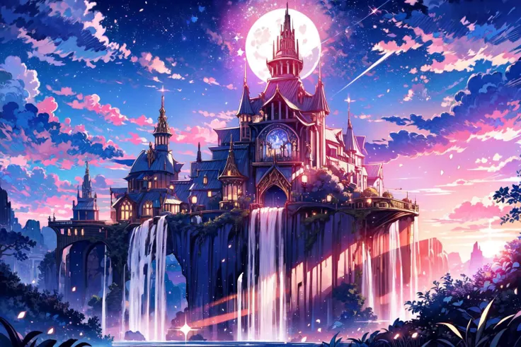 anime castle with waterfall and moon in the sky