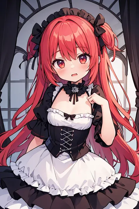 (masterpiece, best quality), 1girl, red hair, medium chest, gothic frill dress, pervert face,