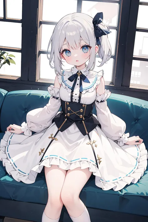 anime girl in a white dress sitting on a blue couch