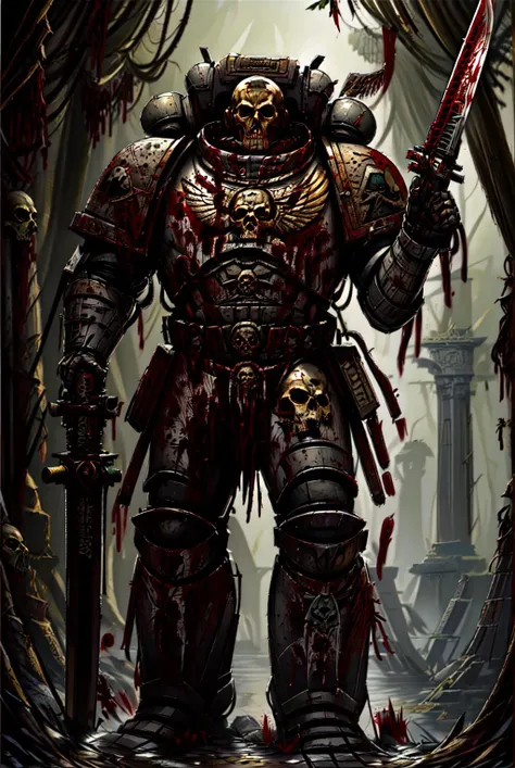 primaris, full body shot, battlefield background, standing, holding ceremonial_blade, aztecworld, skulls, blood, jungle, temple, pelvic_curtain, eagle_head,