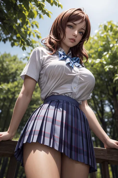 (ultra realistic,32k, masterpiece:1.2),(high detailed skin:1.1),( high quality:1.1),mature adult women,
<lora:llmaki-nvwls-v1:0.8>defMaki, white shirt, striped blue bowtie, short sleeves, plaid skirt, pleated skirt, (looking at viewer, standing, from below...