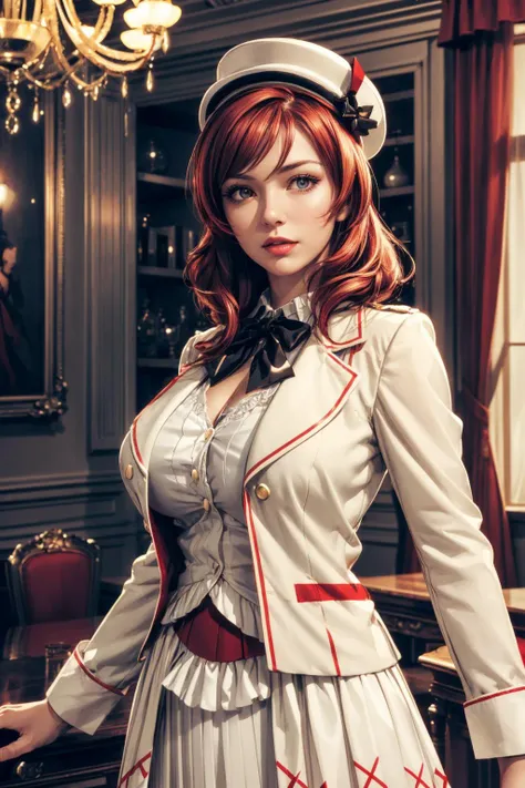 (ultra realistic,32k, masterpiece:1.2),(high detailed skin:1.1),( high quality:1.1),mature adult women,
<lora:llmaki-nvwls-v1:0.8>idolMaki, white hat, red and white jacket, long sleeves, black bowtie, white skirt, (looking at viewer, portrait:1.1),,huge br...