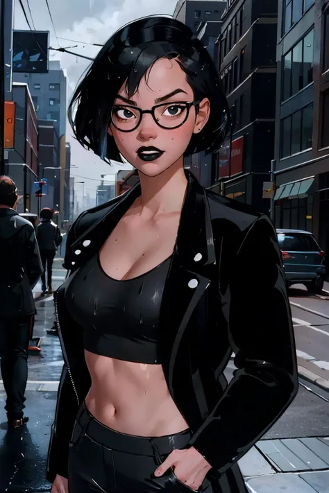 CARTOON_DC_leslie_ownwaifu, short black hair, bob cut,black eyes, black lipstick, makeup, round eyewear, black jacket, crop top, long sleeves, pants, cleavage, looking at viewer, serious, standing, arms crossed, outside, city, street, overcast, wet, extrem...