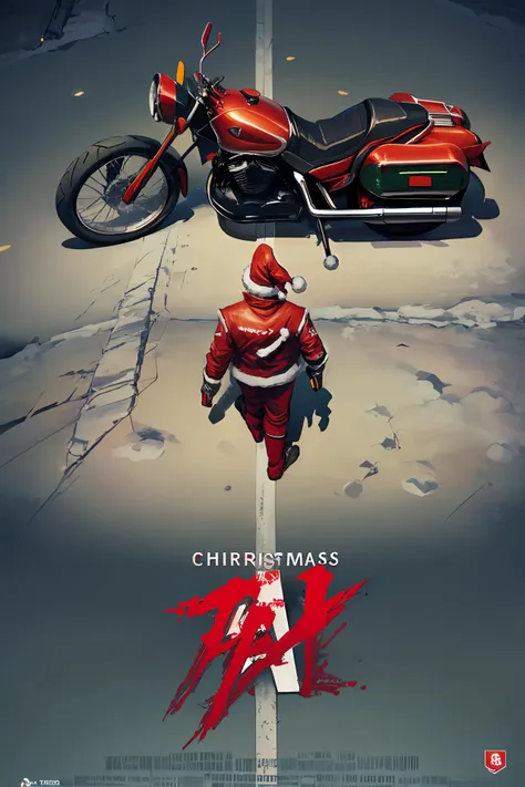 a close up of a motorcycle on a street with a santa clause on it