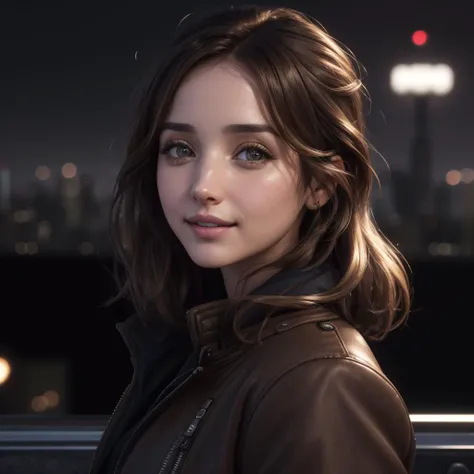 (extremely detailed CG unity 8k wallpaper),(best quality),(ultra-detailed),(best shadow),(masterpiece),top view from an angle,city lights in the background,ana de armas,brown hair,light brown eyes,(close shot) of a woman in a black jacket smiling at the ca...