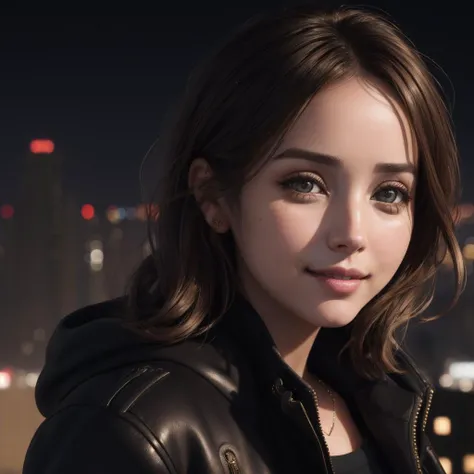 (extremely detailed CG unity 8k wallpaper),(best quality),(ultra-detailed),(best shadow),(masterpiece),top view from an angle,city lights in the background,ana de armas,brown hair,light brown eyes,(close shot) of a woman in a black jacket smiling at the ca...