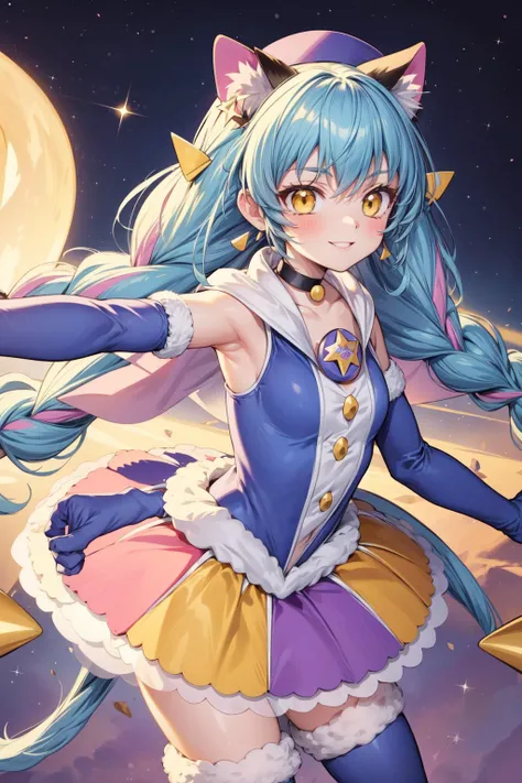 masterpiece,best quality,1girl,cure cosmo,yellow eyes,cat girl,cat ears,mini hat,multicolored hair,blue elbow gloves,blue thigh boots,choker,collar,smile,(outstretched arms),starry sky,<lora:locon_cure_cosmo_01:0.9>,<lora:Concept-control tool-add_detail-Cy...