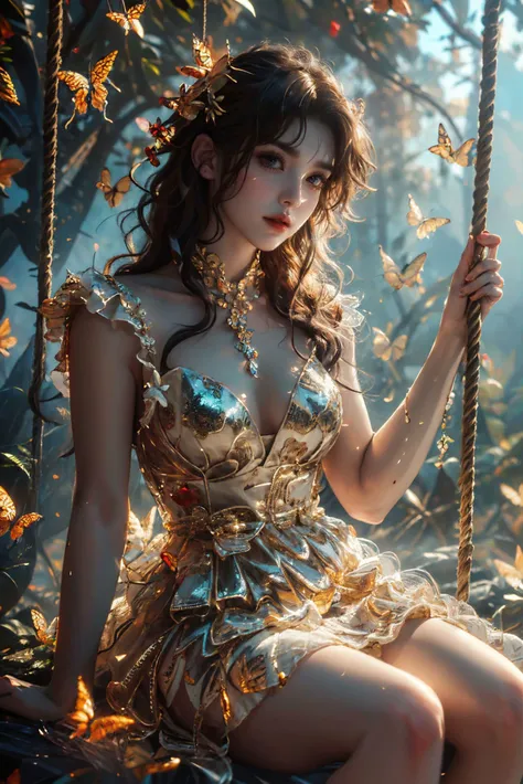 a woman in a gold dress sitting on a swing in the woods