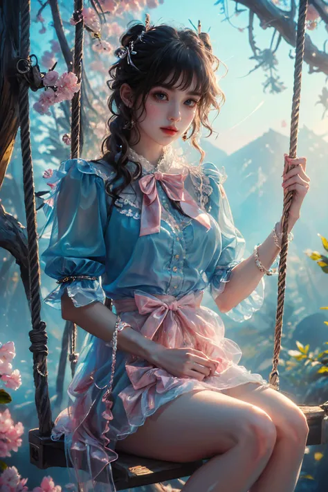 (masterpiece, top quality, best quality, official art, beautiful and aesthetic:1.2),cover art,
sleek,dark,highly detailed,
xuer swing,high gloss,extremely beautiful skin,natural skin texture,(Milky skin:1.2),(shiny skin:1.4),1gir,solo,
pink bows,blue blous...