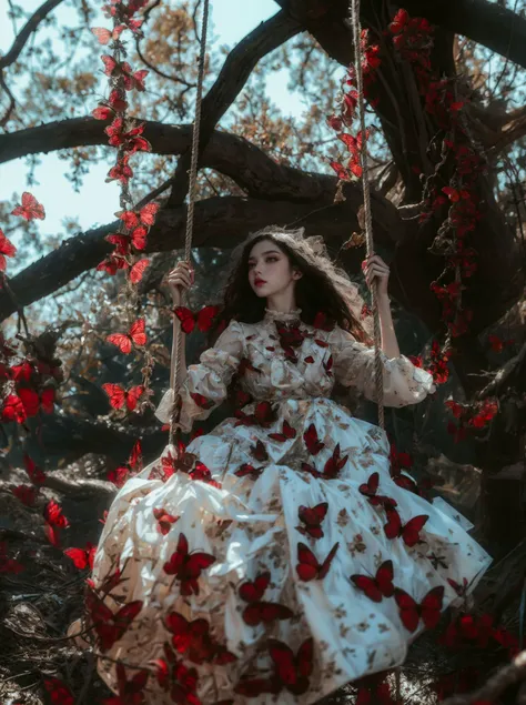 a woman in a white dress sitting on a swing with red flowers