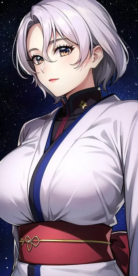 a woman with white hair and a white shirt is standing in front of a starr sky