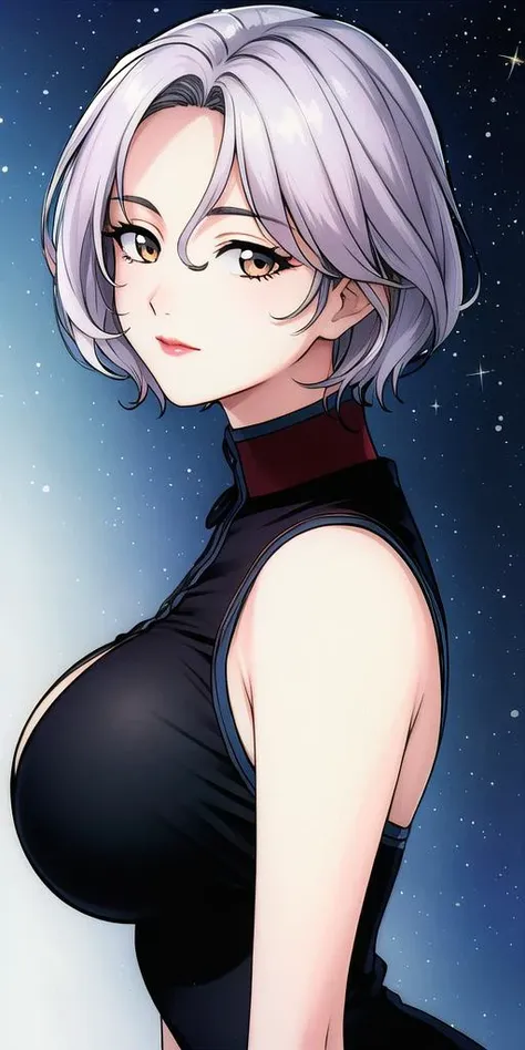 a woman with white hair and black top in front of a starr sky