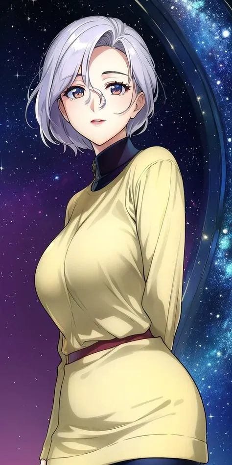 a woman in a yellow shirt and blue jeans stands in front of a galaxy background