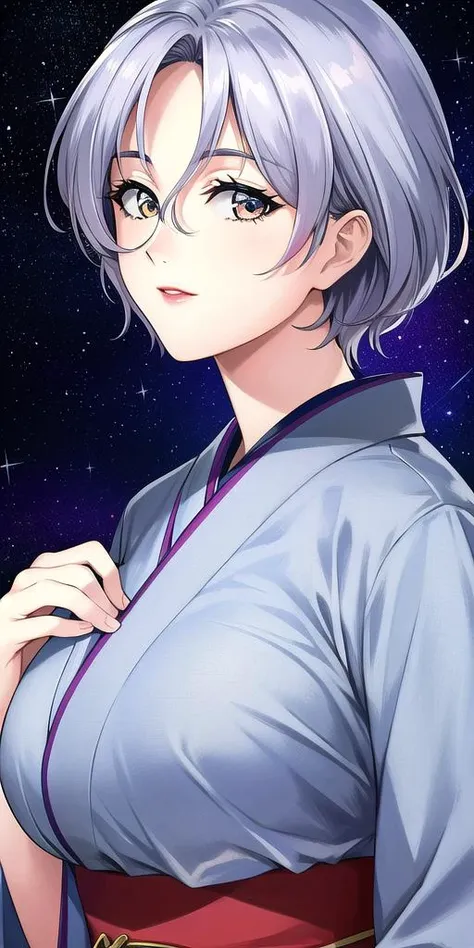 a woman with a purple hair and glasses is standing in front of a starr sky