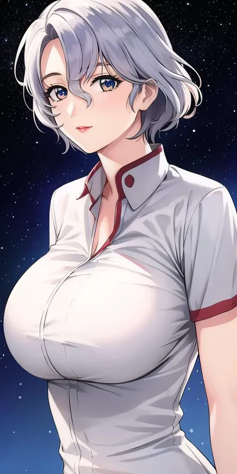 a woman with a big breast is standing in front of a starr sky