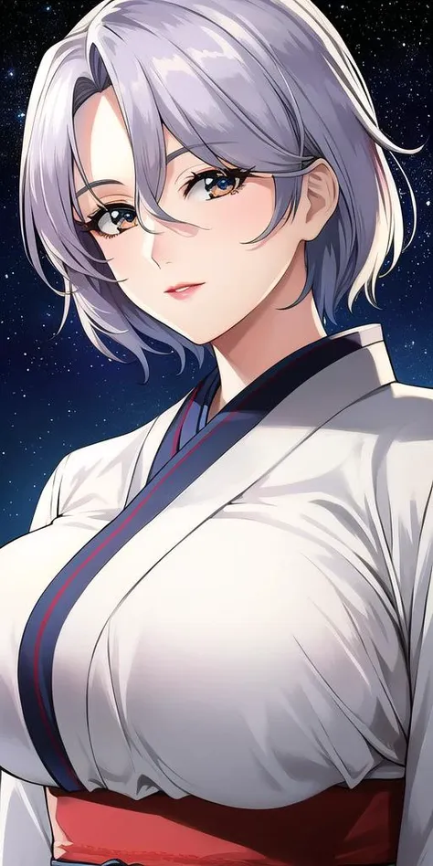 a woman with white hair and a red top is standing in front of a starr sky