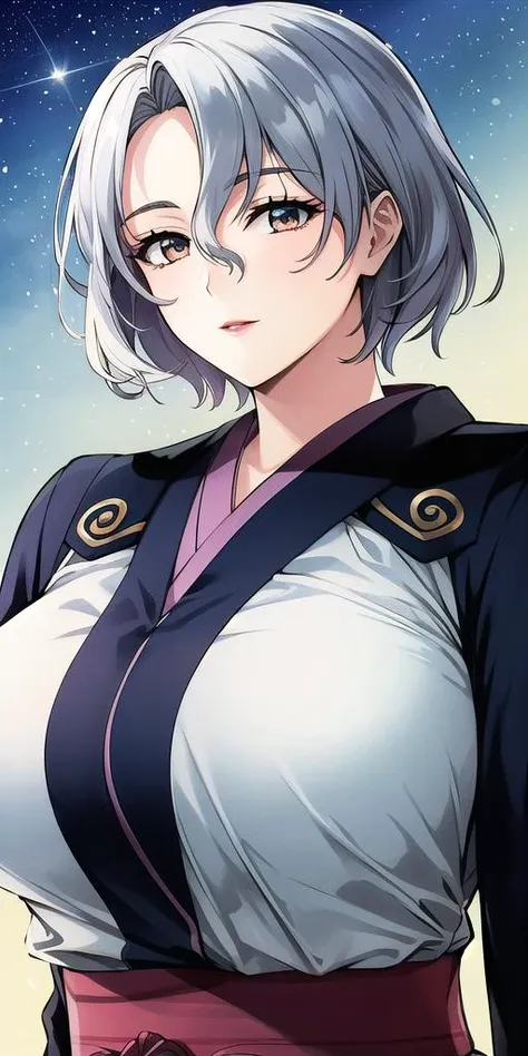 a woman with white hair and a black jacket is standing in front of a starr sky