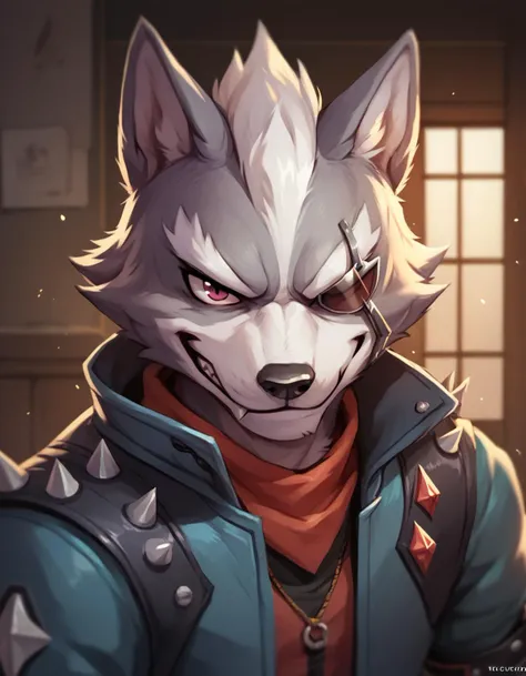 a close up of a wolf with a red eye and a blue jacket